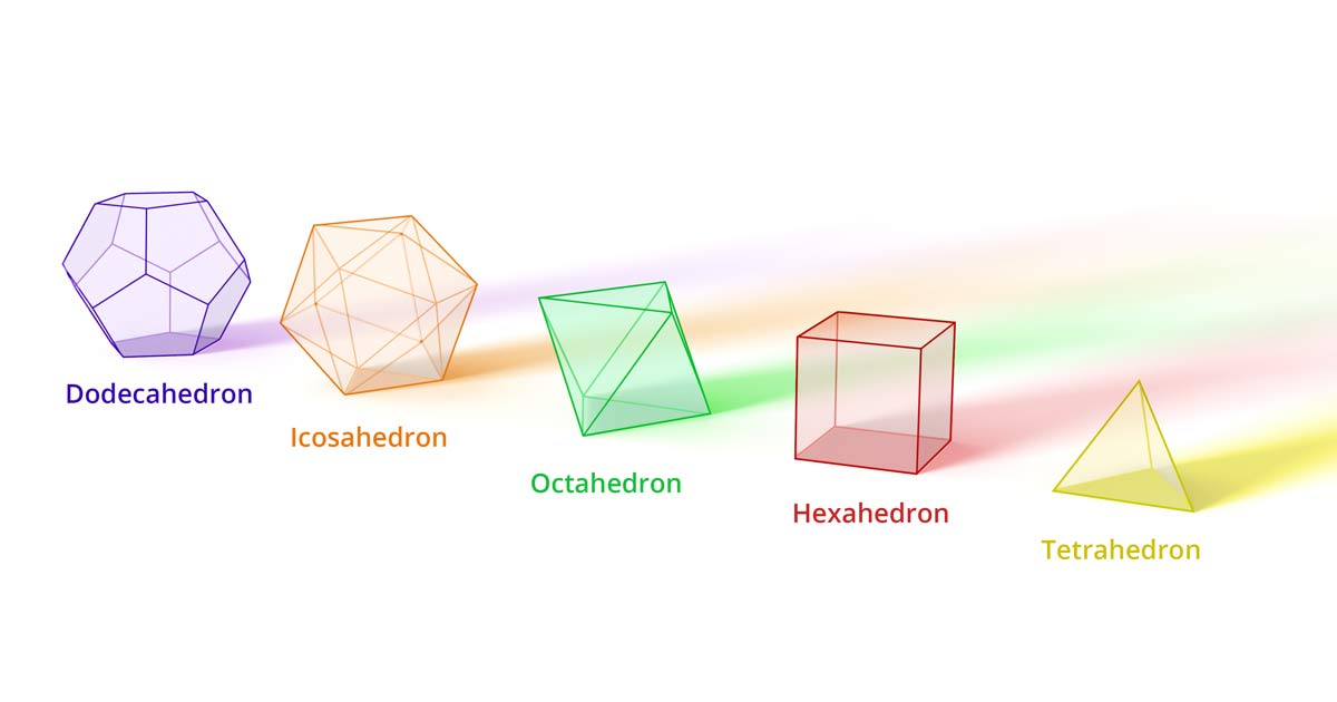Platonic Solids on a Row with Chakra Colors